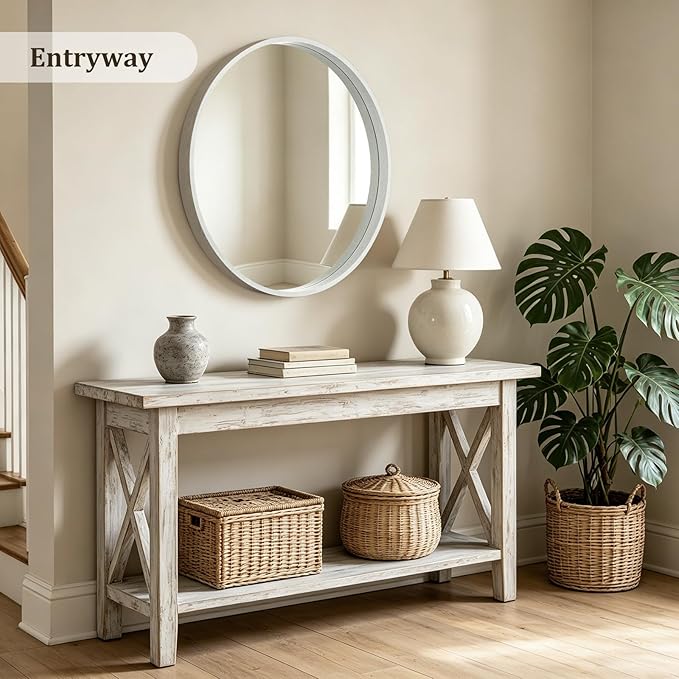 WallBeyond 36 Inch Round Wood Mirror, Large Circle Wooden Frame Wall Mirror for Bathroom, Living Room, Bedroom, Entryway (White)