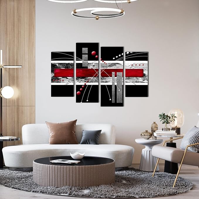 YPY Large Black Red Canvas Wall Art - 4 Panels Modern Abstract Picutre Set for Home Decoration - Contemporary Painting Artwork Ready to Hang Living Room Bedroom W48 x H36