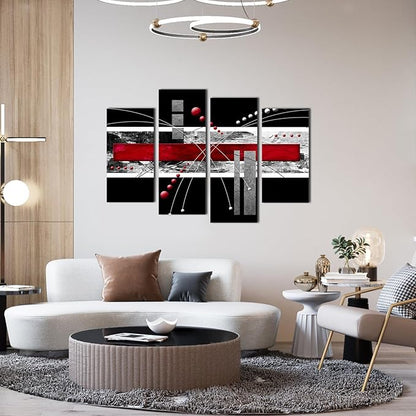 YPY Large Black Red Canvas Wall Art - 4 Panels Modern Abstract Picutre Set for Home Decoration - Contemporary Painting Artwork Ready to Hang Living Room Bedroom W48 x H36