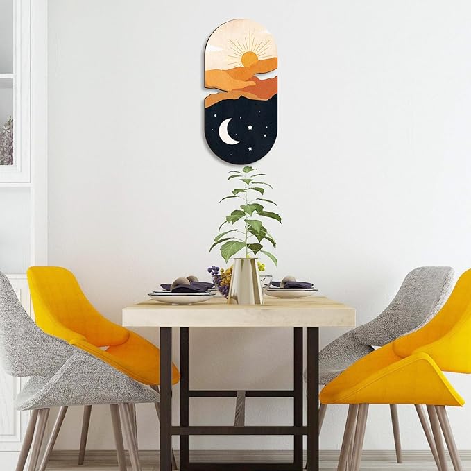 Kas Home Boho Sun and Moon Wall Art Wooden Sunrise Moon Landscapes Nature Wilderness Wall Decor Minimalist Sculpture Hanging Rustic Art Decor For Bedroom Living Room Office(Yellow, 8" x 16")