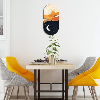 Kas Home Boho Sun and Moon Wall Art Wooden Sunrise Moon Landscapes Nature Wilderness Wall Decor Minimalist Sculpture Hanging Rustic Art Decor For Bedroom Living Room Office(Yellow, 8" x 16")