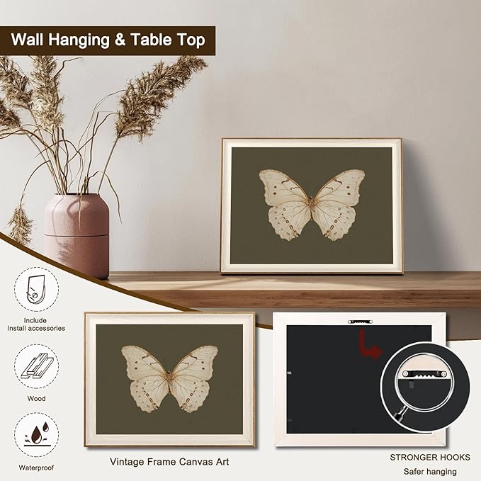 Uniro Vintage Framed Wall Art, Classical Butterfly Oil Paintings, Dark Moody Insect Canvas Prints Artwork with Antique Frame, Saige Green Wall Decor Pictures for Bedroom, Kitchen, Shelf, Bathroom Wall Decor, Cottagecore Room Decor - 16x24Inch
