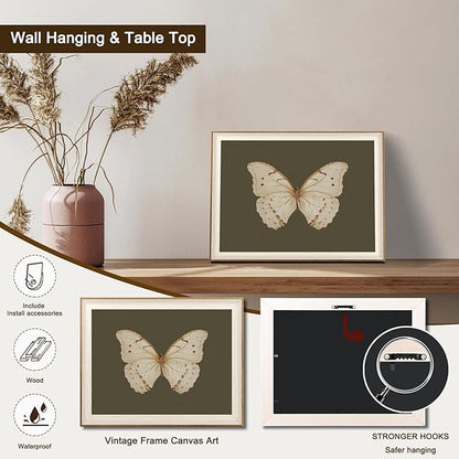 Uniro Vintage Framed Wall Art, Classical Butterfly Oil Paintings, Dark Moody Insect Canvas Prints Artwork with Antique Frame, Saige Green Wall Decor Pictures for Bedroom, Kitchen, Shelf, Bathroom Wall Decor, Cottagecore Room Decor - 16x24Inch