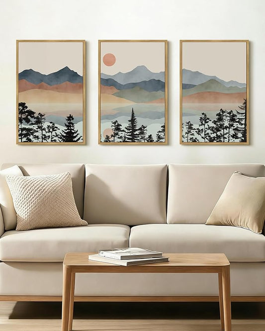 Drsoum Mountain Range Landscape Wall Art Framed Ink Wash Watercolor Nature Wall Decor Laker Sun Rises Prints Bedroom Living Room Ready to Hang 16x24in Natural Framed