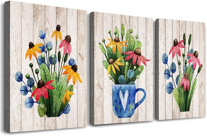Vintage Wood grain plant flowers wall art for kitchen Wall Decorations for Living Room Bathroom Decorations room Wall decor 3 Pieces Framed Canvas print Artwork modern Office Home Decor painting