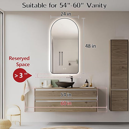 Niccy Arched LED Lighted Bathroom Mirror, 48x24 Inch Backlit Vanity Bathroom Mirror with Lights Brushed Black Framed Wall Mounted Mirrors with 3 Color Shatterproof Arch Smart Fog Free Mirror