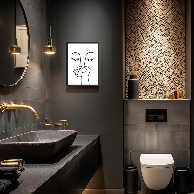 Cyebmo Funny Bathroom Wall Art, Minimalist Black and White Bathroom Picture Wall Decor, Toilet Pinching Nose Art Print for Restroom Guest BathRoom, Wood Framed Ready to Hang 16x24 Inch