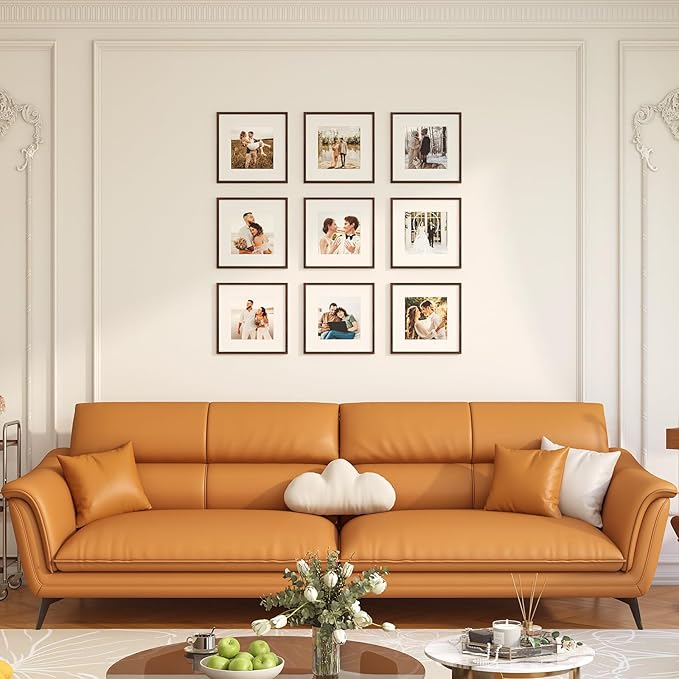 10x10 Picture Frame Set of 9, Display Pictures 8x8 with Mat or 10x10 without Mat, Multi Collage Gallery Square Photo Frames for Wall or Tabletop, Brown