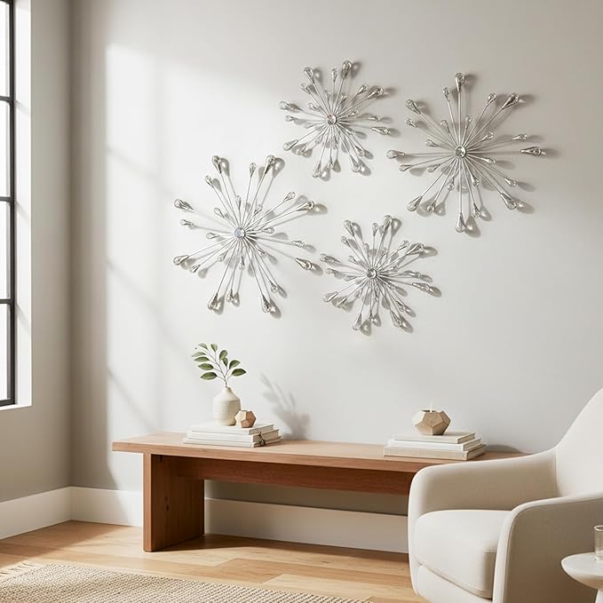 ZEXUIRU 4 Pcs Silver Starburst Wall Decor Metal Bling Wall Art Crystal Accents 3D Modern Decoration Glam Hanging Sculptures for Living Room Bedroom Office Teen Girl Room – Easy to Hang Home Decor Set