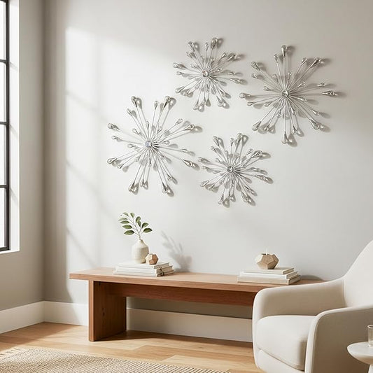 ZEXUIRU 4 Pcs Silver Starburst Wall Decor Metal Bling Wall Art Crystal Accents 3D Modern Decoration Glam Hanging Sculptures for Living Room Bedroom Office Teen Girl Room – Easy to Hang Home Decor Set