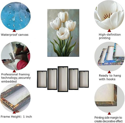 White and Green Tulips Flowers Canvas Wall Art Modern Floral Paintings Botanical Pictures Wall Decor Poster Print Artwork for Bathroom Living Room Bedroom Home Decoration Framed