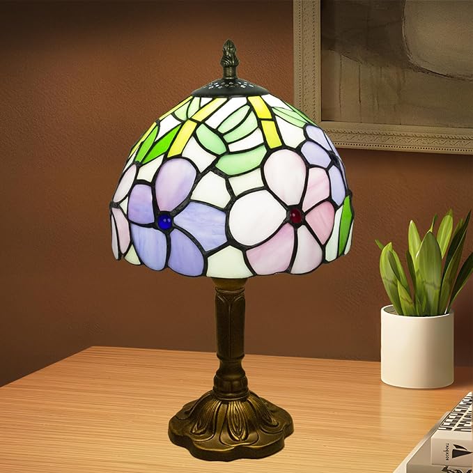 Tiffany Style Table Lamp, 3 Color Temperatures Bedside Lamp, 8 Inch Stained Glass Desk Light for Home Office Bedroom Living Room (4 Flower Pattern)