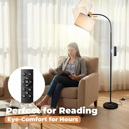 LALISU Arc Floor Lamps for Living Room, Modern Standing Lamp with Remote Dimmable Floor Lamp with Linen Shade, Tall Lamp for Bedroom Office Dining Room (Black)