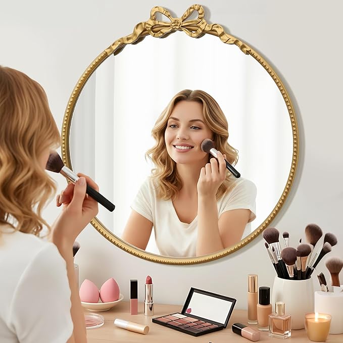 Besdomus Gold Round Bow Mirror: 27" Modern Circle Bathroom Vanity Mirror - Baroque Traditional Ornate Beaded Decorative for Wall/Cloakroom/Bedroom/Dressing Room - Ideal for Fashion Conscious Women