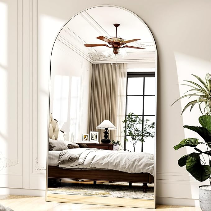 Easly 46"x76" Arched Full-Length Mirror, Oversized Floor Mirror with Stand, Freestanding or Wall-Mounted Full Body Mirror for Living Room, Bedroom, or Cloakroom, Silver