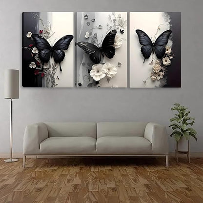 Pormipone 3 Pcs Black Butterfly Canvas Wall Art, White Flower Wall Decor, Butterfly Picture for Wall Living Room Bathroom Bedroom Home Decoration 12 * 18 in (Stretched Canvas on A Wooden Frame)