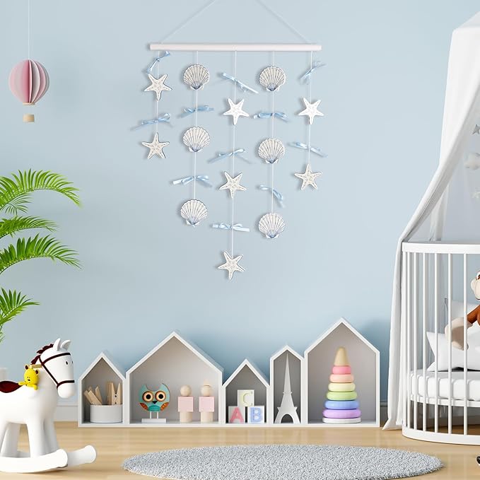 pechpell Beach Seashell Wall Hanging Decor, Ocean Nursery Themed Coastal Wall Art 29"x15" Wooden Shells Starfish Decor with Blue Bow for Beachy Room Bathroom Bedroom Office Farmhouse Home Decorations