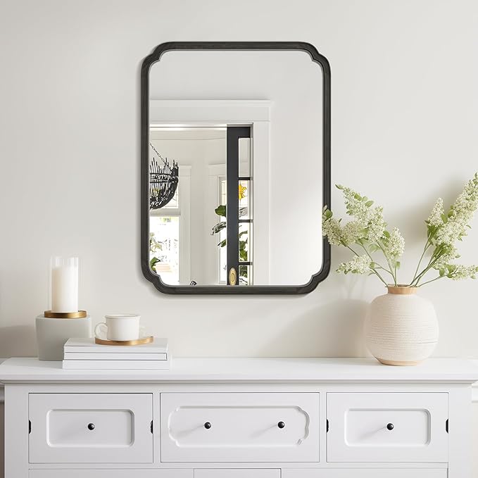 HOMECOOKIN Wood Bathroom Mirror for Wall Decor Arched Rounded Corner Rustic Wood Frame Wall Mirror Home Decorative for Vanity, Living Room, Bedroom, Entryway (30 x 40 inch, Black)
