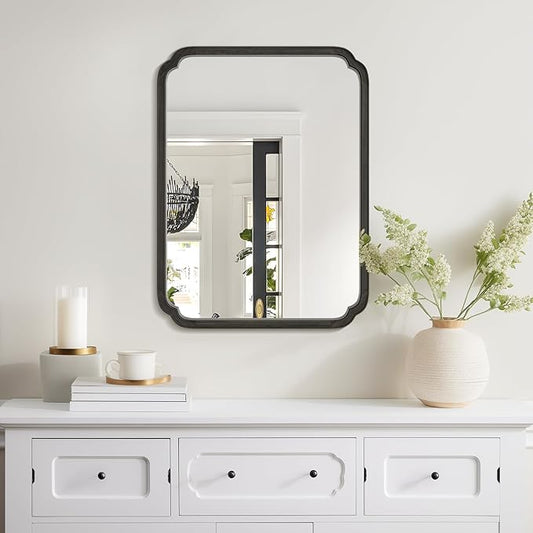 HOMECOOKIN Wood Bathroom Mirror for Wall Decor Arched Rounded Corner Rustic Wood Frame Wall Mirror Home Decorative for Vanity, Living Room, Bedroom, Entryway (30 x 40 inch, Black)