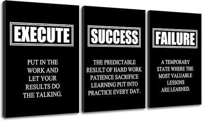 Motivational Wall Art Canvas Painting Decor Success Quote Execute Failure Definition 3 Pieces Black Inspirational Poster Positive Framed Artwork Prints Picture for Living Room Office [60''W x 28''H]