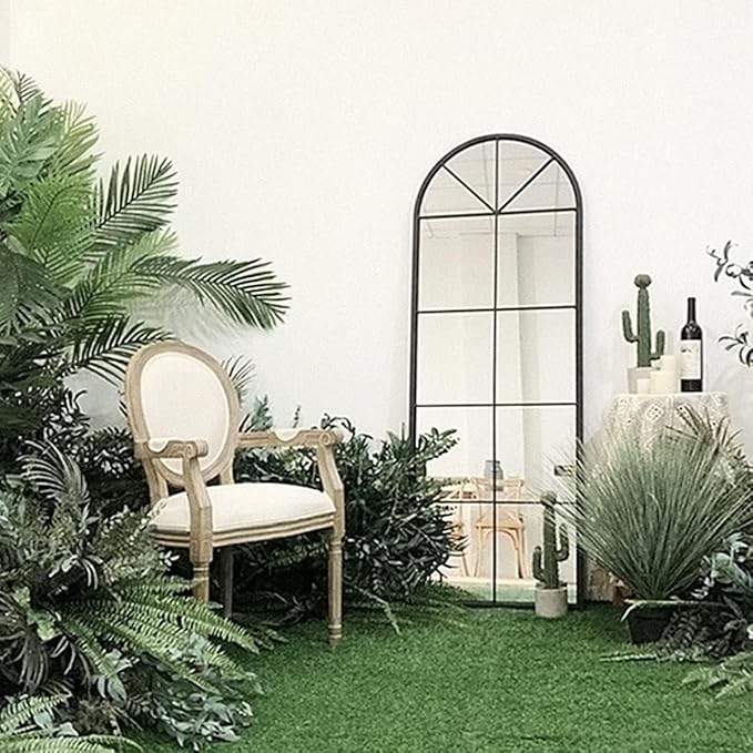 65×22" Arched Window Finished Full Length Mirror, Wall Mirror with Metal Frame, Home Decor Windowpane Mirror, Wall Mounted or Leaning, No Stand - Black