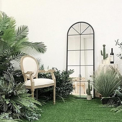 65×22" Arched Window Finished Full Length Mirror, Wall Mirror with Metal Frame, Home Decor Windowpane Mirror, Wall Mounted or Leaning, No Stand - Black