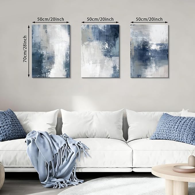 WENGTIAO 3 Pcs Navy Blue Abstract Canvas Wall Art Prints Modern Minimalist Blue Gray Artwork for Walls Framed White Neutral Poster Paintings Decor for Living Room Bedroom Bathroom Office 20x28x3Pcs