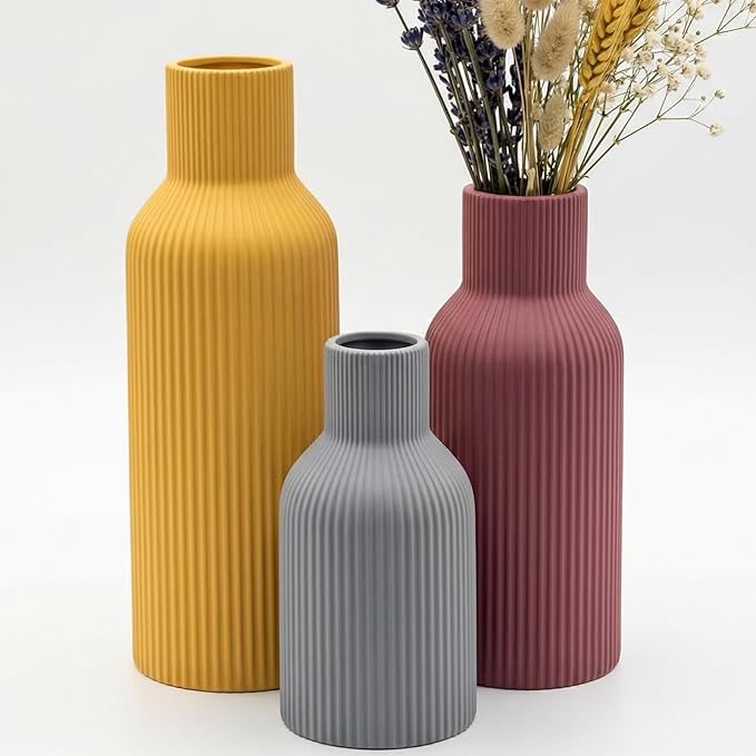 Colorful Ceramic Vases Set of 3, Matte Vertical Ribbed, Minimalist for Pampas Grass &Fresh Flowers, Centerpiece for Living Room,Shelf,Wedding (Mustard Yellow, Dusty Gray, Burgundy)