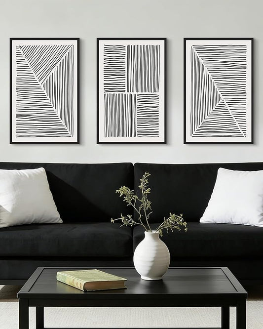 Drsoum Mid-Century Modern Framed Wall Art Large 16x24in Minimalist Abstract Boho Black Line Wall Decor Geometric Artwork Kitchen Dining Room Black Framed