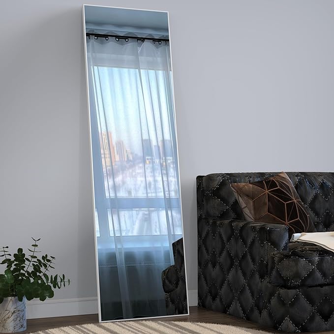ANYHI Large Full Length Mirror, 60" x 18" Door Mirror Full Length, 2 Hooks, Over The Door or Wall Monuted, Aluminum Frame, for Bedroom Bathroom Checkroom, White