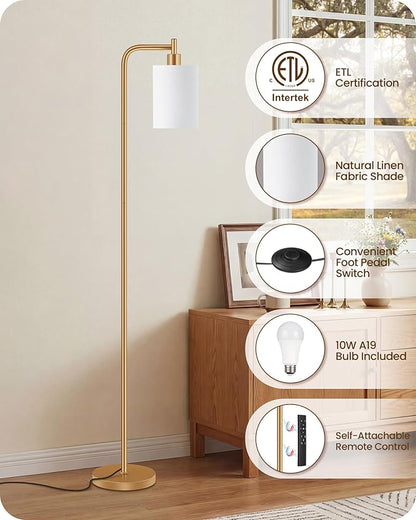 Dimmable Floor Lamp for Living Room with Remote and Foot Switch, Modern Standing, Corner Lamp,10W Bulb 3 Color Temperatures, for Bedroom, Office, Corner, ETL Listed, Gold and White DCW19LD05