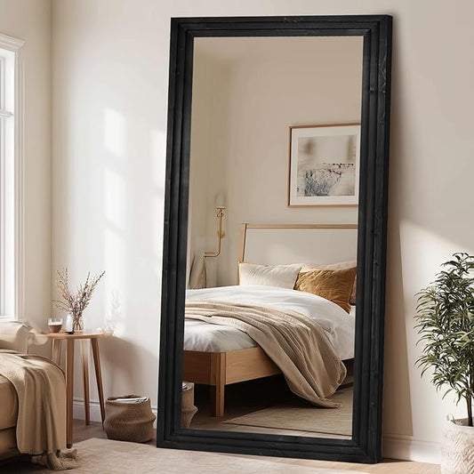 Full Length Wood Mirror 76x34 - Rustic Solid Wood Floor Mirror with Triple Layer Frame, HD Tempered Glass, Wall Mounted or Leaning Standing Mirror Vintage Black Mirror for Bedroom Bathroom Living Room