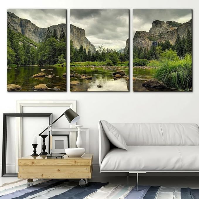 Pacimo Yosemite National Park Canvas Wall Art Decor 3 Pieces Landscape Wall Art Clear Water Lake Mountain Pictures Painting Prints on Canvas Modern Decoration Framed Ready to Hang - 20"x28"x3 Panel