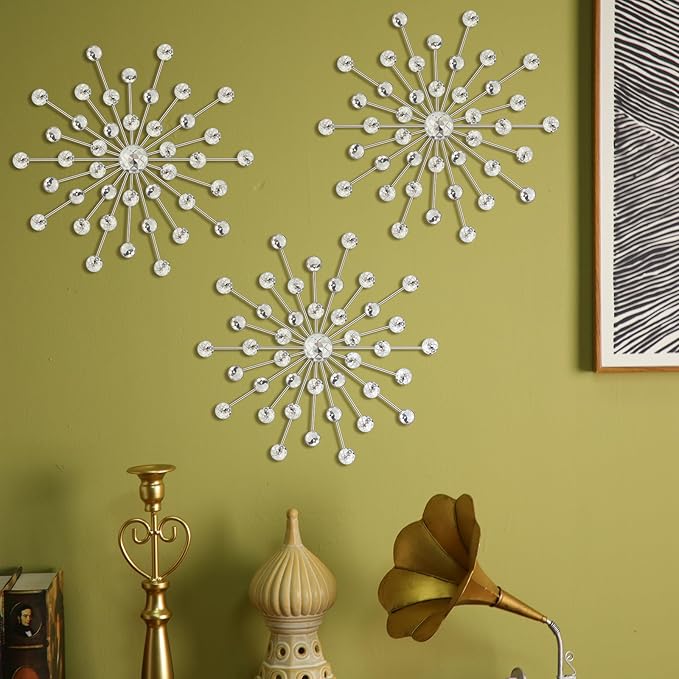 Barydat 6 Pcs Metal Starburst Wall Decor Bling Crystal Wall Art Rhinestone Sunburst Home Decoration No Punch Starburst Hanging Diamond Accents for Living Room Bedroom(25cm,Silver)