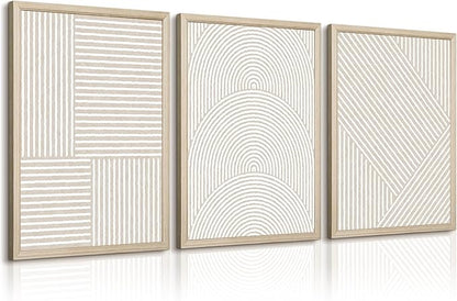Beige Abstract Wall Art Pictures Set of 3 Boho Modern Canvas Wall Decor Neutral Line Wall Art Minimalist Art Abstract Beige Prints Painting Modern Artwork for Living Room Bedroom 12x16 Inch FRAMED