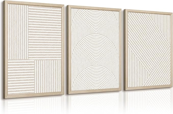 Beige Abstract Wall Art Pictures Set of 3 Boho Modern Canvas Wall Decor Neutral Line Wall Art Minimalist Art Abstract Beige Prints Painting Modern Artwork for Living Room Bedroom 16x24 Inch FRAMED