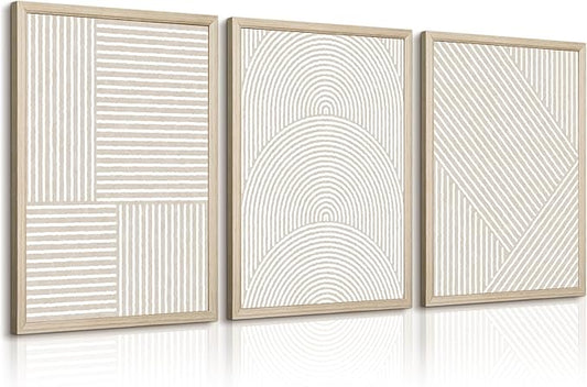 Beige Abstract Wall Art Pictures Set of 3 Boho Modern Canvas Wall Decor Neutral Line Wall Art Minimalist Art Abstract Beige Prints Painting Modern Artwork for Living Room Bedroom 16x24 Inch FRAMED