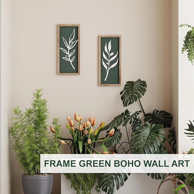 3D Wooden Leaf Sage Green Boho Wall Art (Set of 2) Lightweight, Vintage Framed Bathroom Botanical Wall Art for Bedroom, Living Room, Kitchen,Office and Hallway Decorations