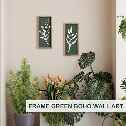 3D Wooden Leaf Sage Green Boho Wall Art (Set of 2) Lightweight, Vintage Framed Bathroom Botanical Wall Art for Bedroom, Living Room, Kitchen,Office and Hallway Decorations