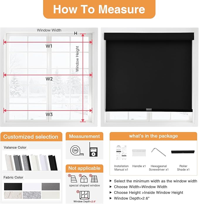 AOSKY No Drill Customize Blackout Roller Shades with Valance,Cordless Blinds for Indoor Windows,Room Darkening Window Shades Pull Down with Free-Stop Spring System,UV Protection for Home