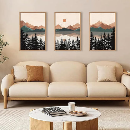 KAIRNE Vintage Mountain Lake Framed Canvas Wall Art Set, Mid Century Forest Wall Decor, Nature Pine Tree Art Prints, Modern Boho Sunset Artwork for Living Room,Bedroom,Farmhouse,Office-24 x36 x3
