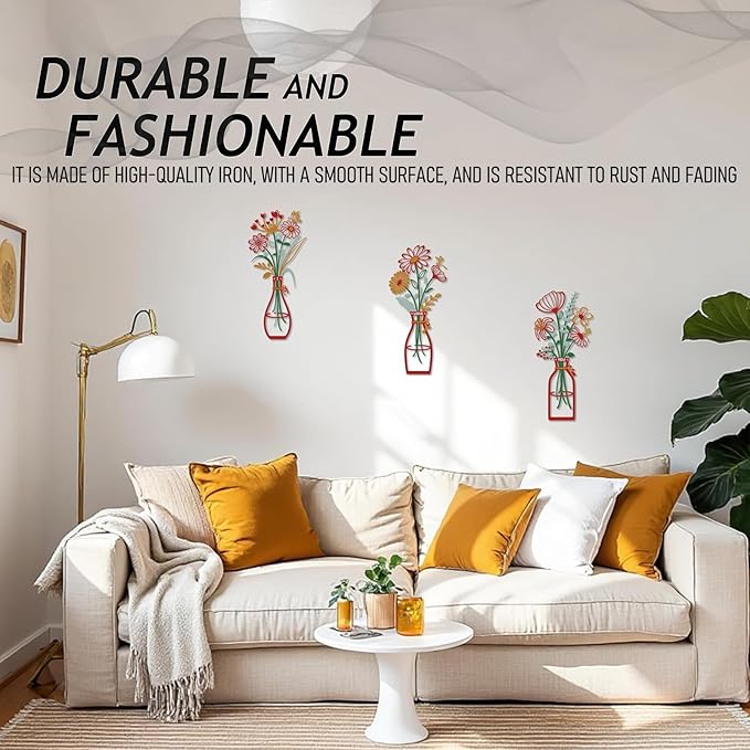 PAASTAI 3 Pieces Metal Flowers Wall Art - Minimalist Farmhouse Wall Hanging Decor for Living Room, Bedroom, Kitchen, Bathroom, Hallway - Floral Home and Office Decor (DK-04)