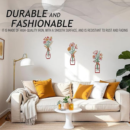 PAASTAI 3 Pieces Metal Flowers Wall Art - Minimalist Farmhouse Wall Hanging Decor for Living Room, Bedroom, Kitchen, Bathroom, Hallway - Floral Home and Office Decor (DK-04)