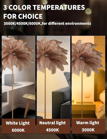 Feather Floor Lamp,Fluffy Ostrich Feather Floor Lamp for Bedroom,3 Color Temperatures Led Corner Modern Floor Lamps for Living Room Christmas Home Decor House Warming Gifts,63″ Height,50 Piece(Brown)