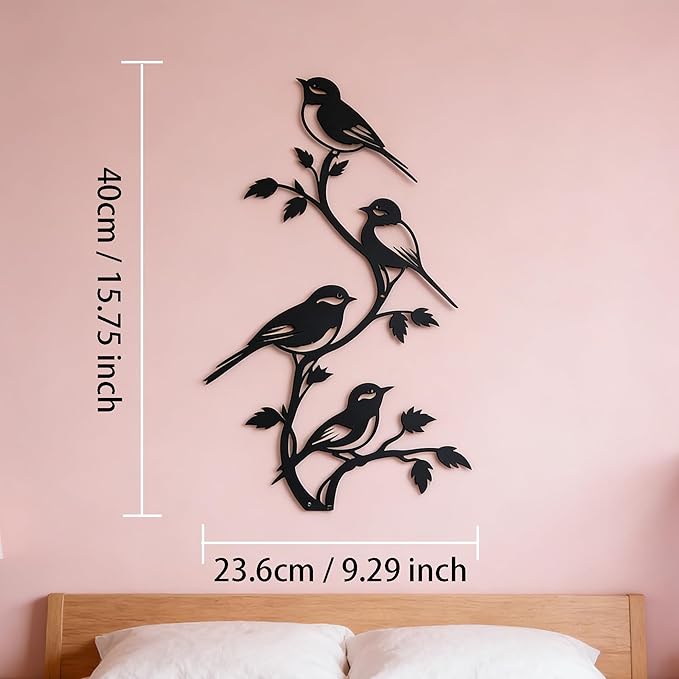 SonnTonn Black Metal Bird Wall Decor - 4 Birds on Branch Silhouette Wall Art, Rustic Style Wall Sculpture for Living Room, Bedroom, Patio, Garden, Farmhouse Home Decor (9.29”x15.75” / 23.6x40cm)