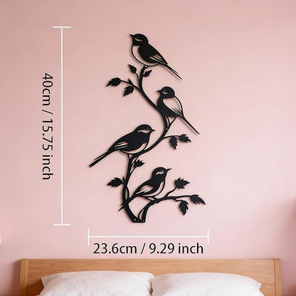 SonnTonn Black Metal Bird Wall Decor - 4 Birds on Branch Silhouette Wall Art, Rustic Style Wall Sculpture for Living Room, Bedroom, Patio, Garden, Farmhouse Home Decor (9.29”x15.75” / 23.6x40cm)