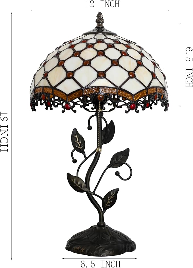 Tiffany Lamp Stained Glass Style Table Lamp Beads Style Bedside Desk Reading Light W12H19 Inch Metal Leaf Base with Metal Leaf Base