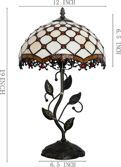 Tiffany Lamp Stained Glass Style Table Lamp Beads Style Bedside Desk Reading Light W12H19 Inch Metal Leaf Base with Metal Leaf Base