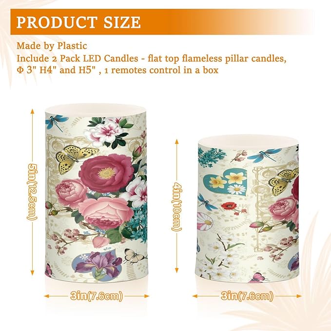 Beautiful Spring Flowers Butterflies Hummingbirds Flickering Flameless Candles Battery Operated with Remote Timer,Tea Light Candles LED Pillar Votive Candles set of 2 for Outdoor Indoor Decorations