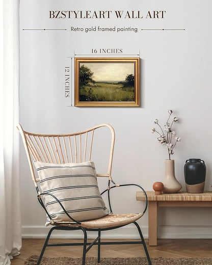 Bzstyleart Vintage Wall Art Decor for Living Room, Gold Framed Canvas Wall Art Home Decor Aesthetic, Grassland Vintage Landscape Prints, Canvas Picture Print Artwork, 12 x 16 Inch